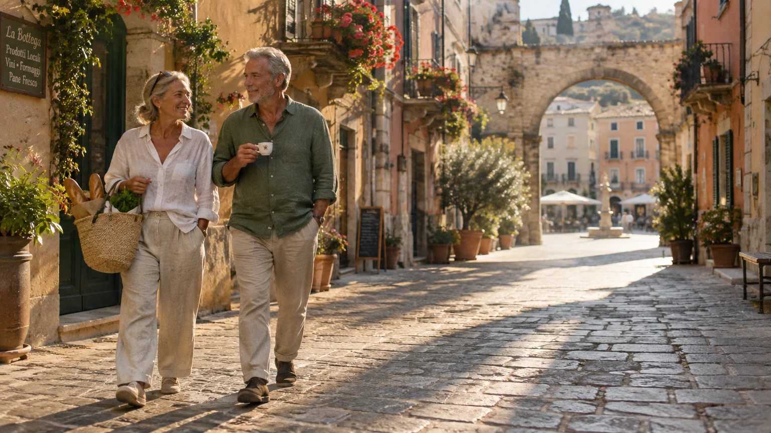 Older man and woman walking down a sunny cobblestone European street lined with stone buildings, potted flowers, and an arch.