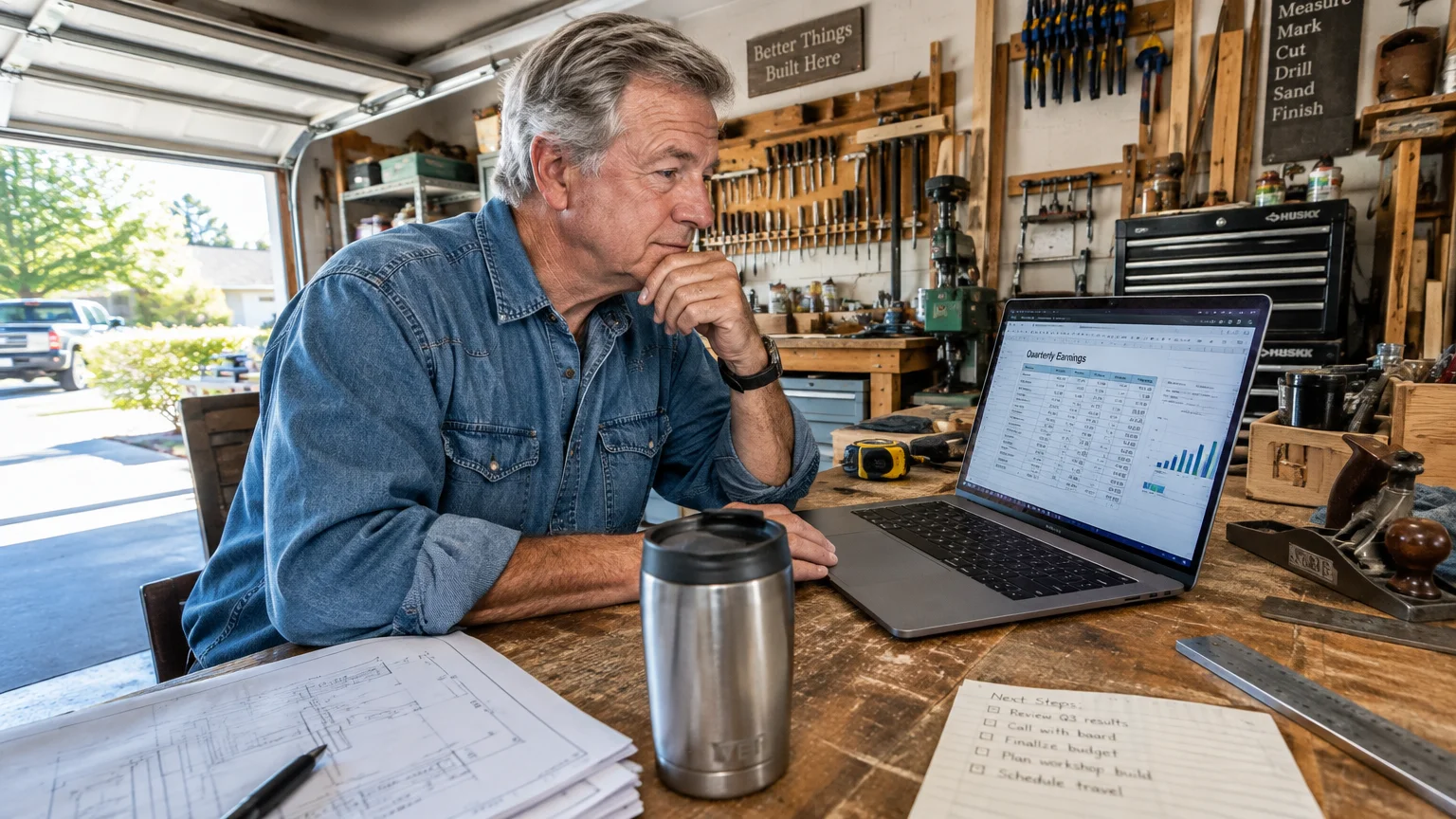 A man reviews a quarterly earnings spreadsheet on a laptop at a wooden workbench in an organized garage workshop.