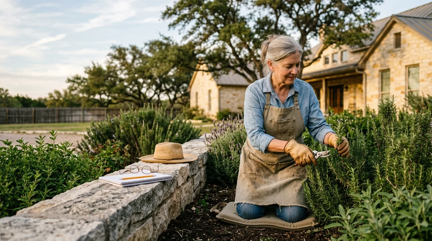 An older woman in an apron kneels in a garden bed pruning rosemary bushes in front of a stone house.