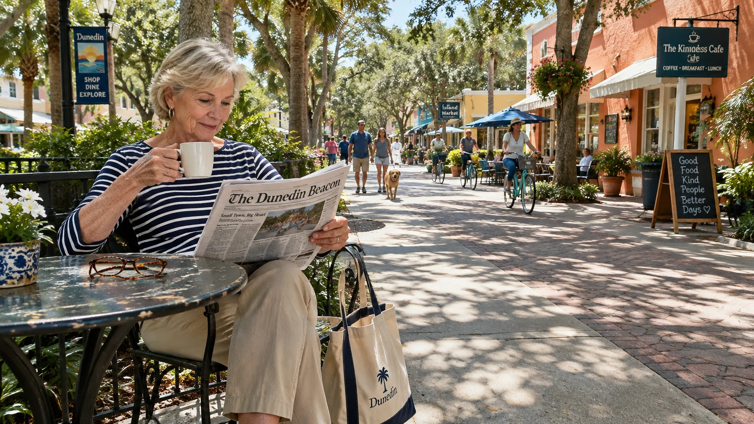 Senior woman sitting at an outdoor cafe reading a newspaper along a sunny, pedestrian-friendly downtown street.