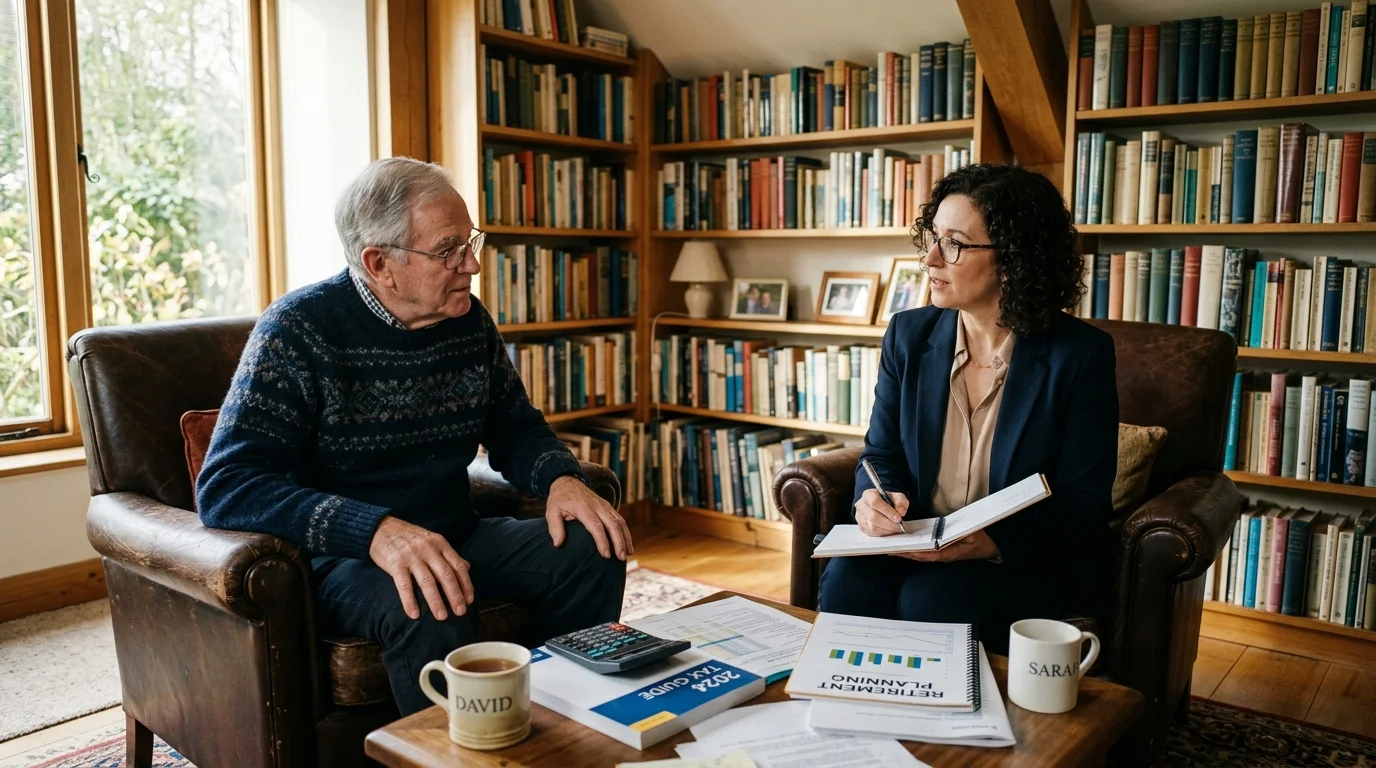 A senior man and a woman in a suit sit across from each other discussing papers in a room lined with bookshelves.