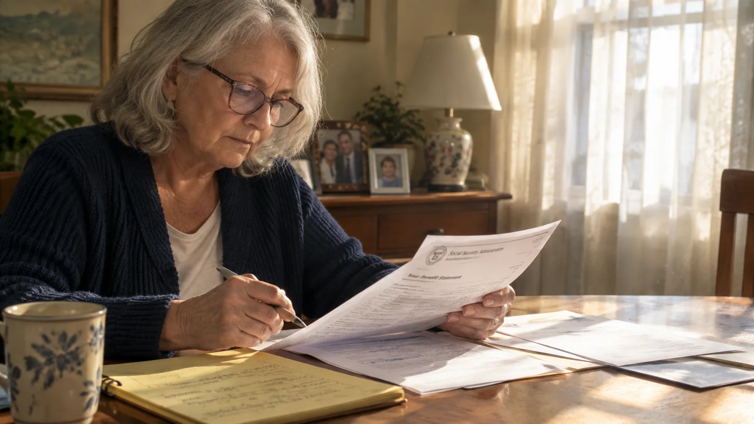 Senior woman with glasses reviewing a Social Security Administration statement at a wooden table with a pen and notepad.