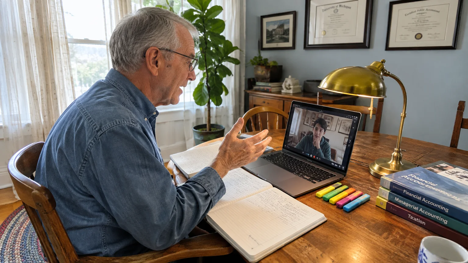 A senior man at a wooden table talks during a laptop video call with an open notebook and accounting textbooks nearby.