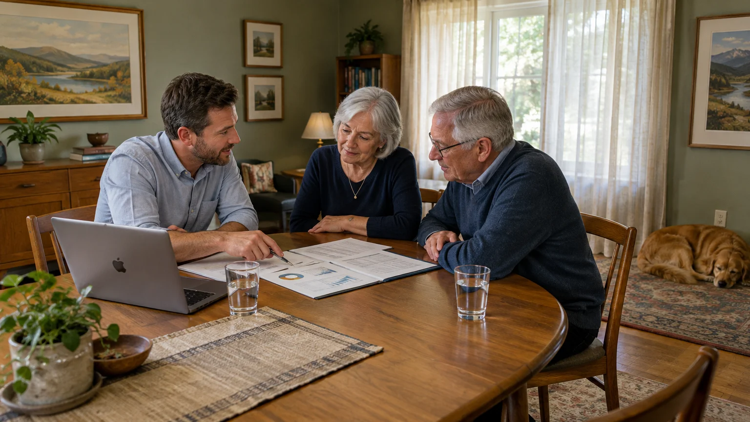 A financial advisor and senior couple review documents with charts at a dining table alongside an open laptop.