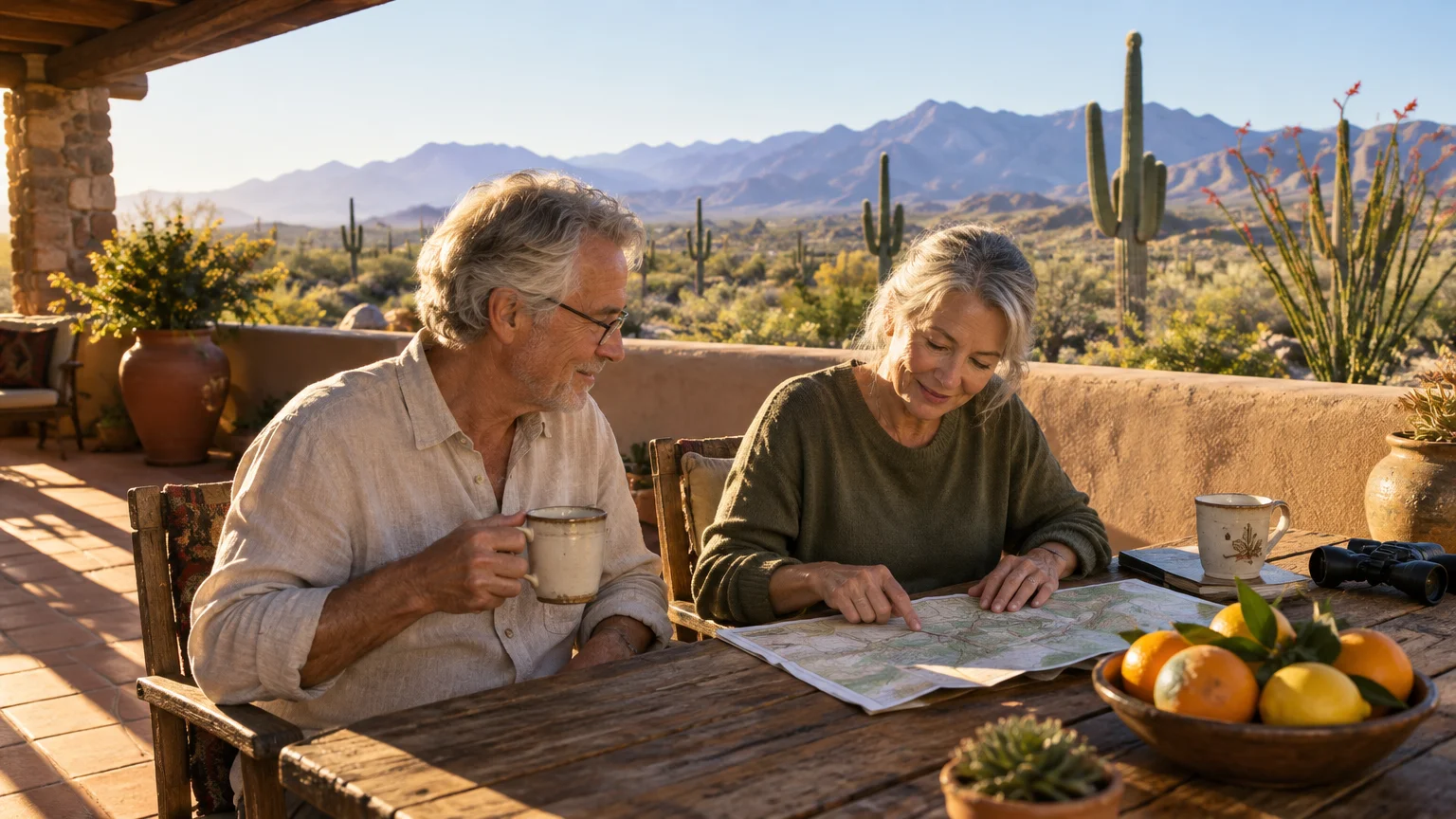 Older couple seated on a desert patio examining a map together, with saguaro cacti and mountains in the background.