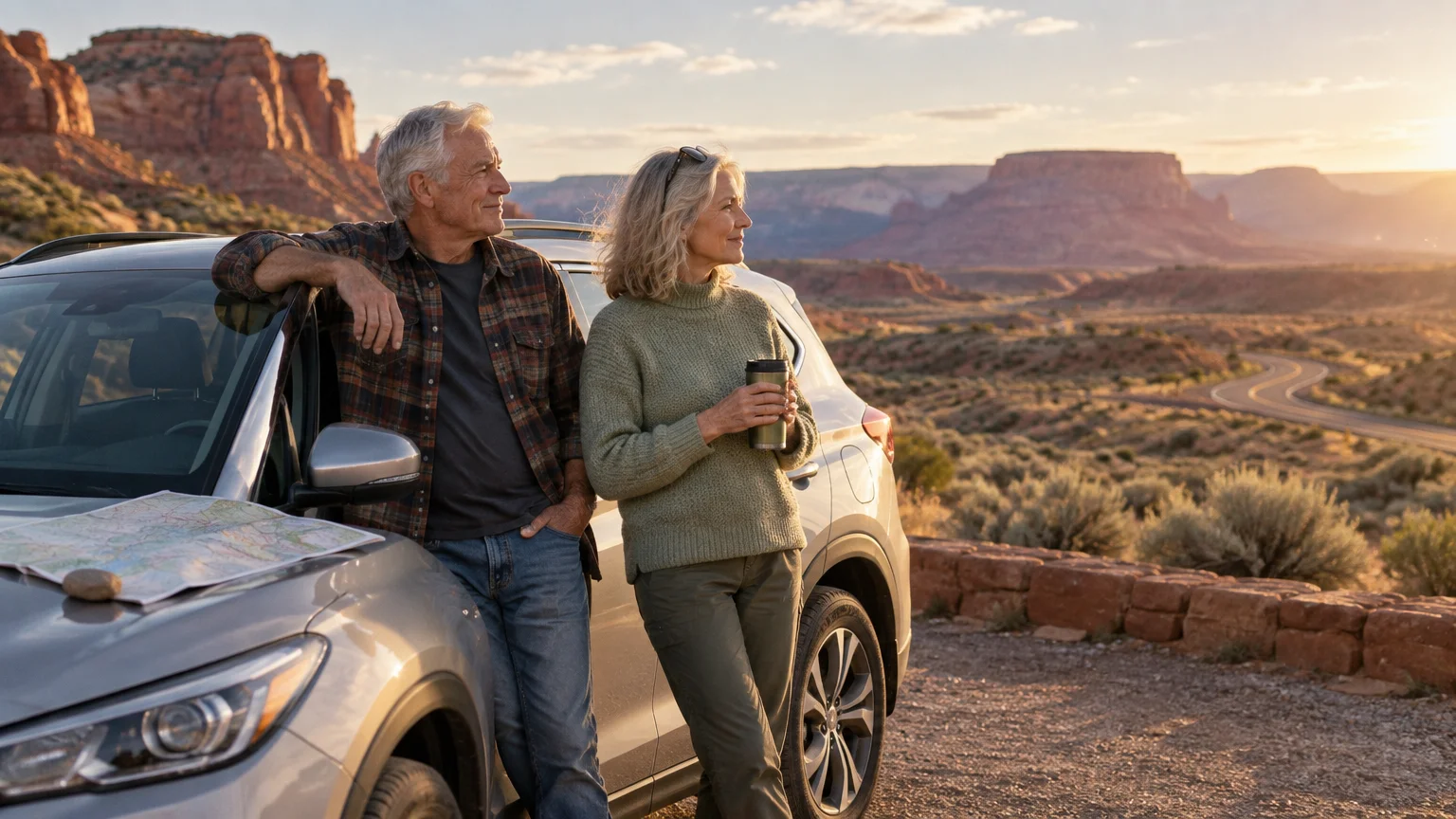 Older couple leans against their silver SUV parked at a scenic desert canyon overlook at sunset.