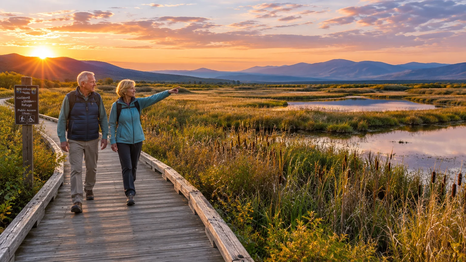 An older couple walks along a wooden boardwalk through scenic wetlands and marshes at sunrise with distant mountains.