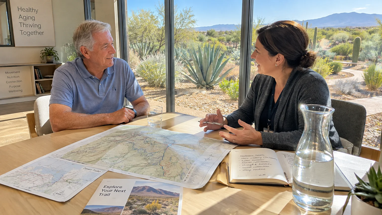A man and woman sit at a sunlit table reviewing trail maps and notes near large windows overlooking desert plants.