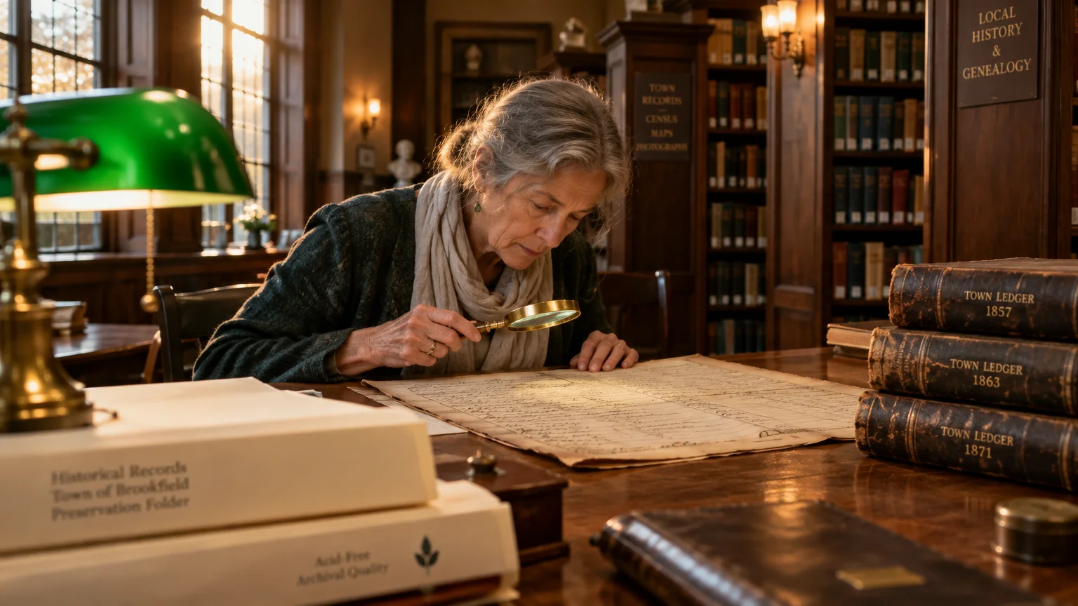 An older woman examines an antique document with a magnifying glass at a wooden desk in a local history library room.