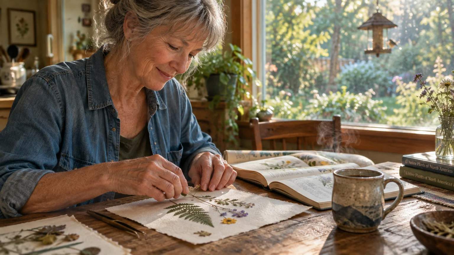 A smiling older woman presses dried flowers and ferns onto paper beside an open botanical book and a warm mug.