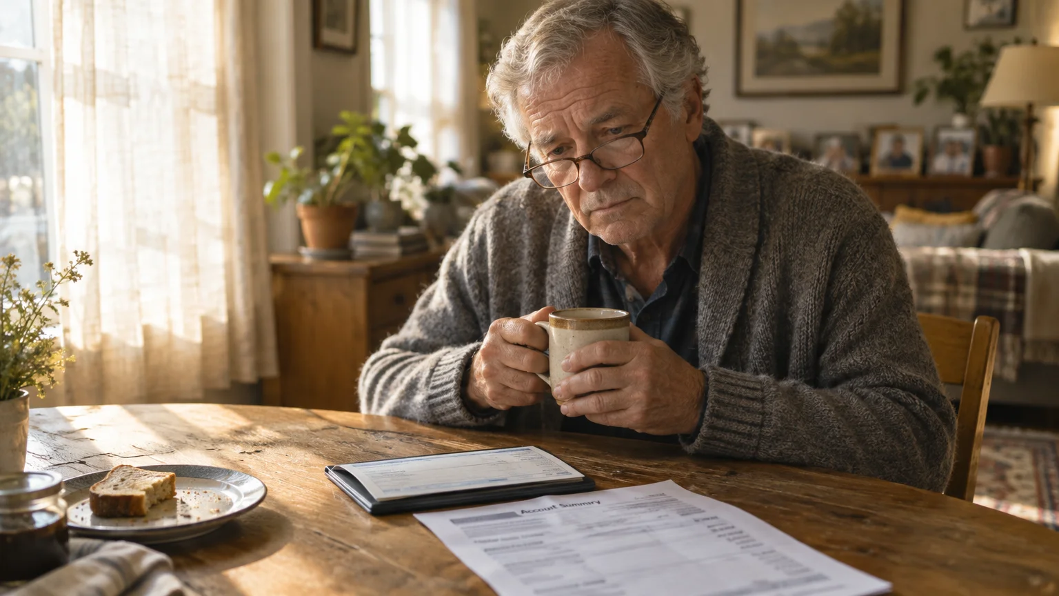 A senior man in glasses and a cardigan holds a mug while looking down at an account summary document on a wooden table.