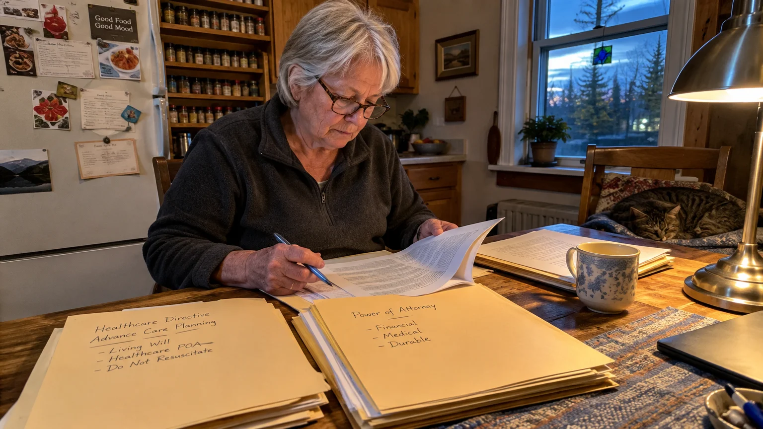A senior woman reviews documents beside folders labeled Healthcare Directive and Power of Attorney on a wooden table.