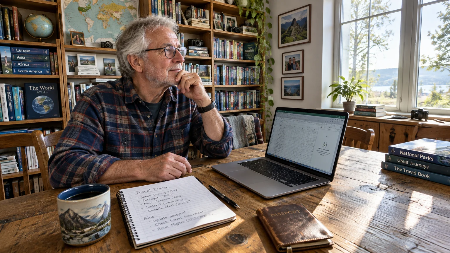Senior man sitting at a wooden table with a laptop, notebook listing travel plans, passport, and coffee mug.