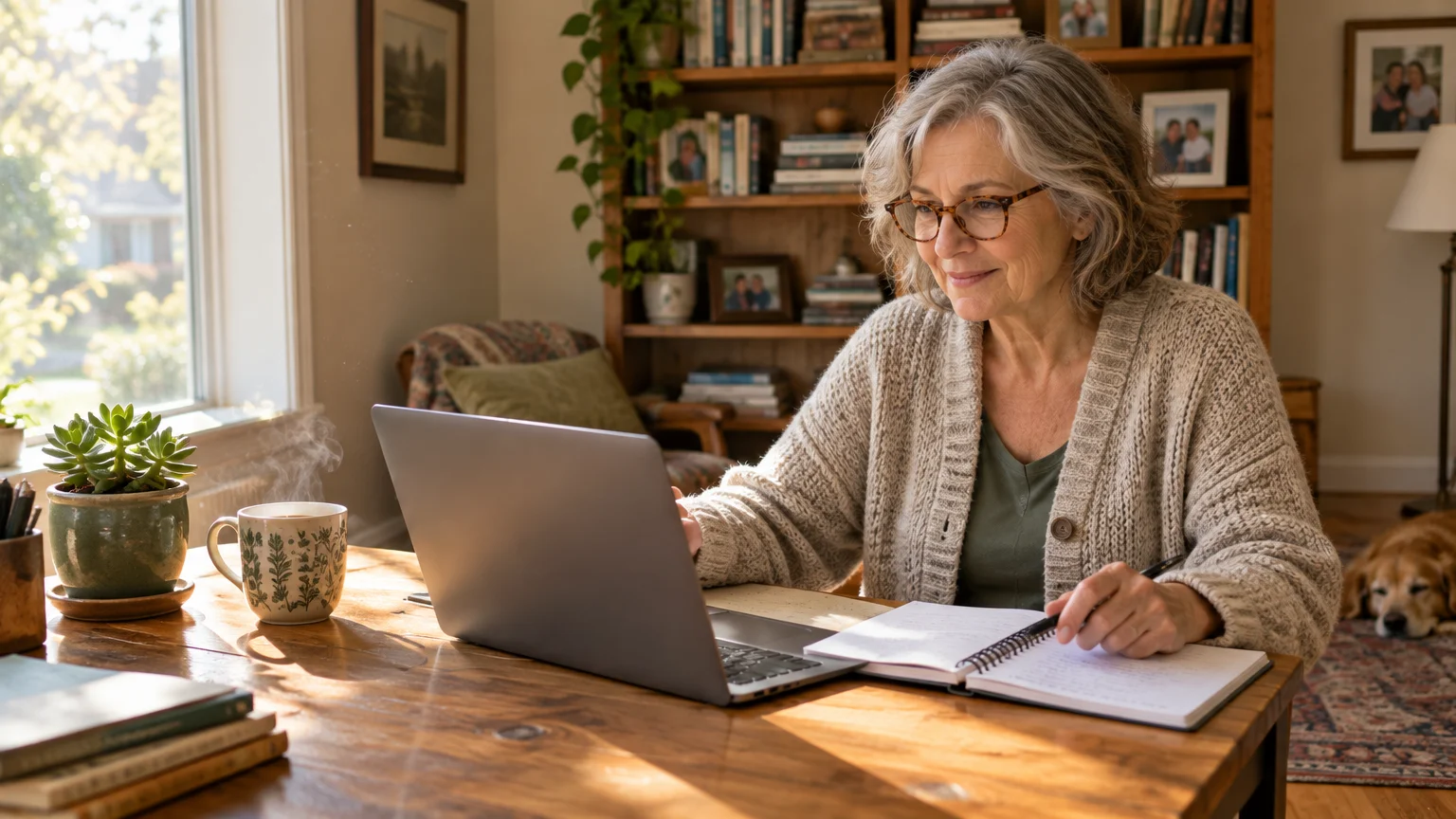 A smiling mature woman with glasses works on a laptop at a wooden table beside a notebook and steaming mug.