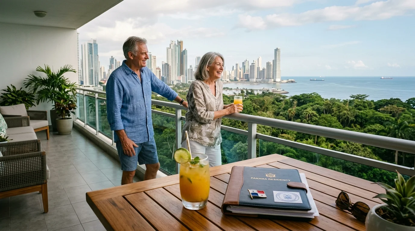Mature couple smiling on a high-rise balcony overlooking the ocean and city skyline, with a residency binder on the table.