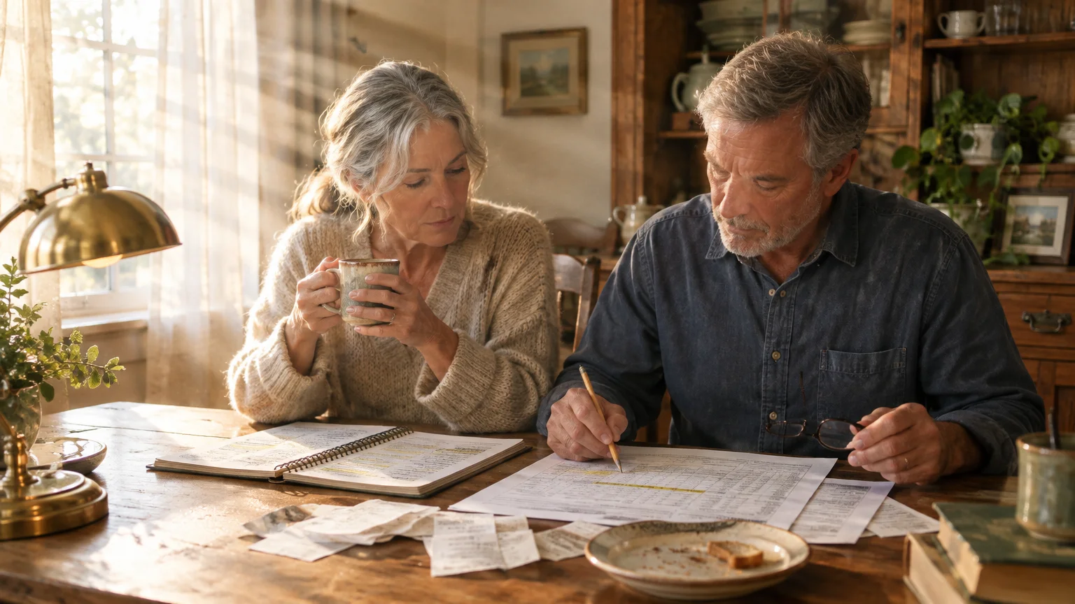 An older couple sitting at a wooden dining table reviewing paperwork, spreadsheets, and receipts under a desk lamp.