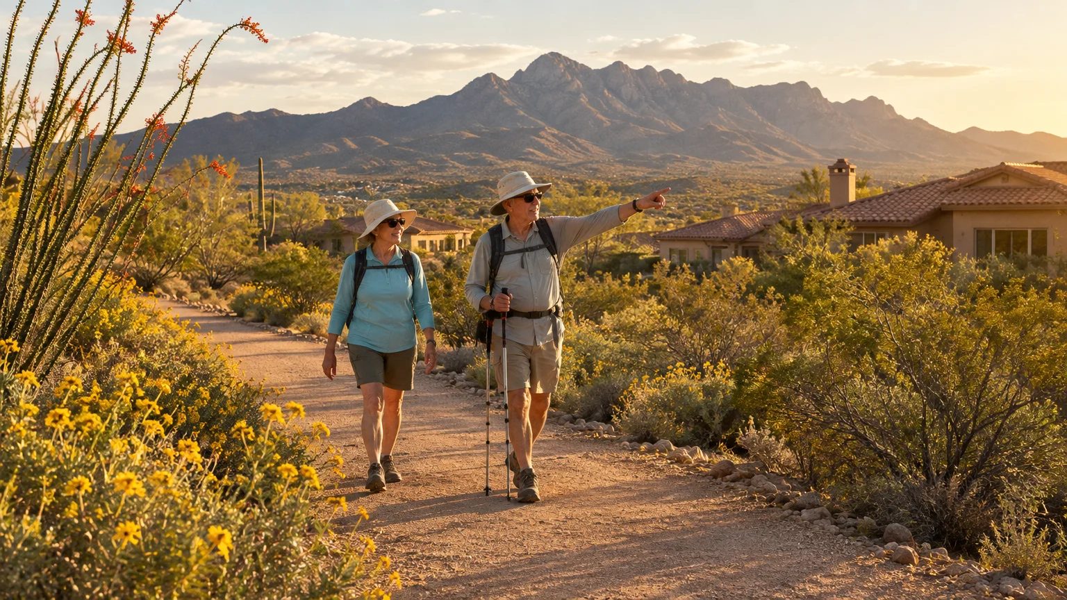 An older couple in hiking gear walks along a desert dirt trail near Southwestern homes with mountains in the background.