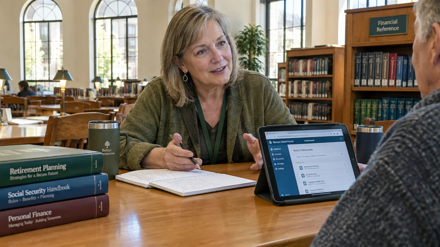 A woman speaks with a man across a library table beside stacks of finance books, a notebook, and an open tablet.