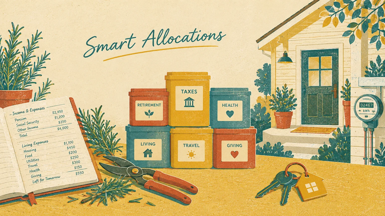 Illustration of labeled budget boxes, a financial ledger, keys, and gardening shears in front of a suburban home.