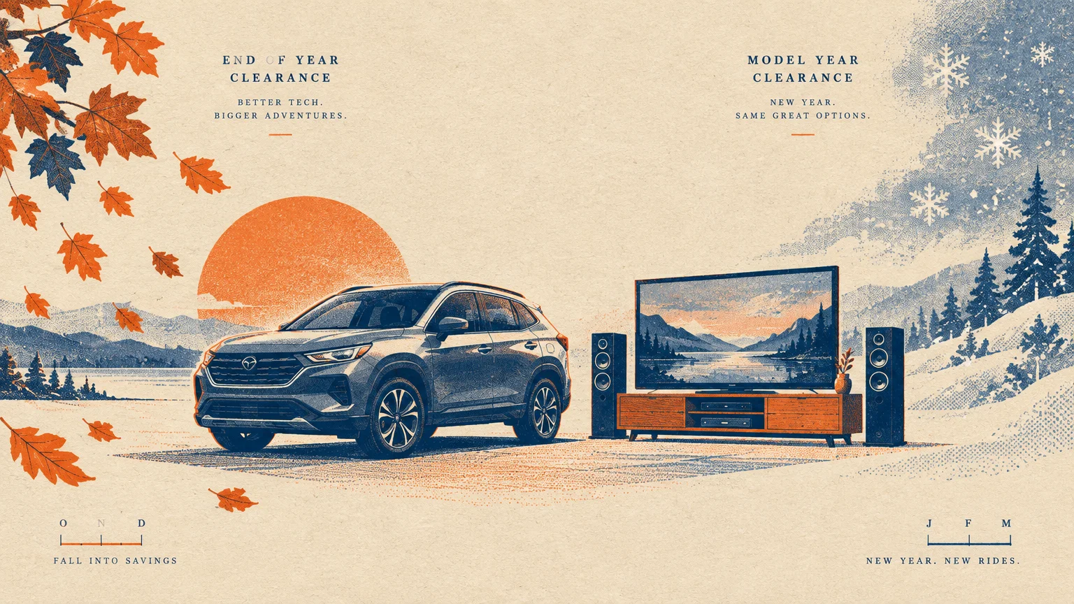 A blue SUV alongside a television console outdoors, split between an autumn landscape and a snowy winter scene.