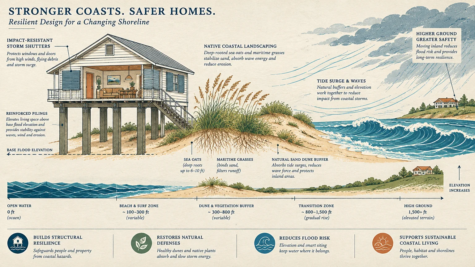 Illustrated diagram of resilient coastal home design featuring an elevated stilt house, sand dunes, and shoreline zones.