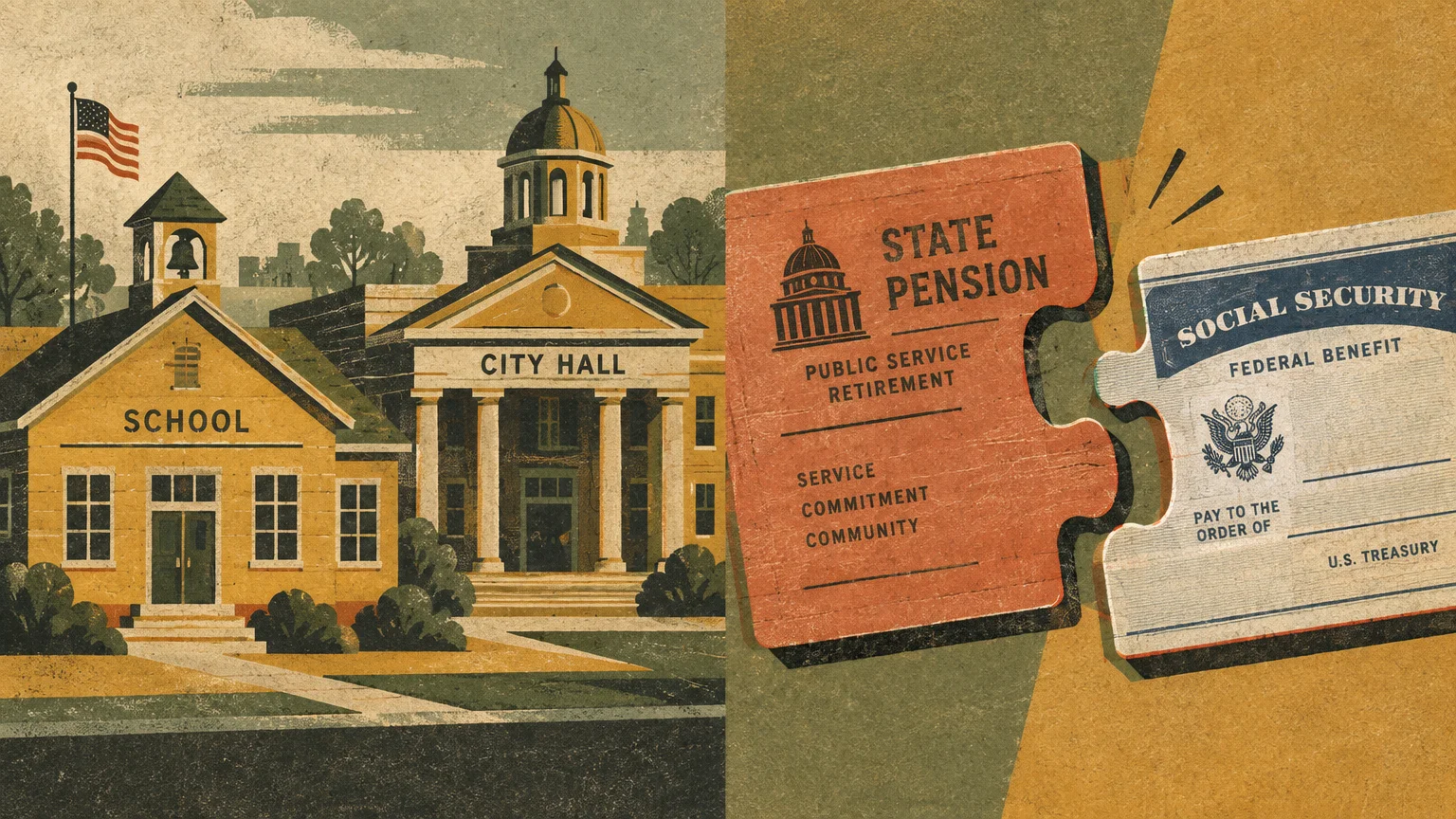 Illustration of a school, city hall, and two puzzle pieces labeled state pension and Social Security federal benefit.