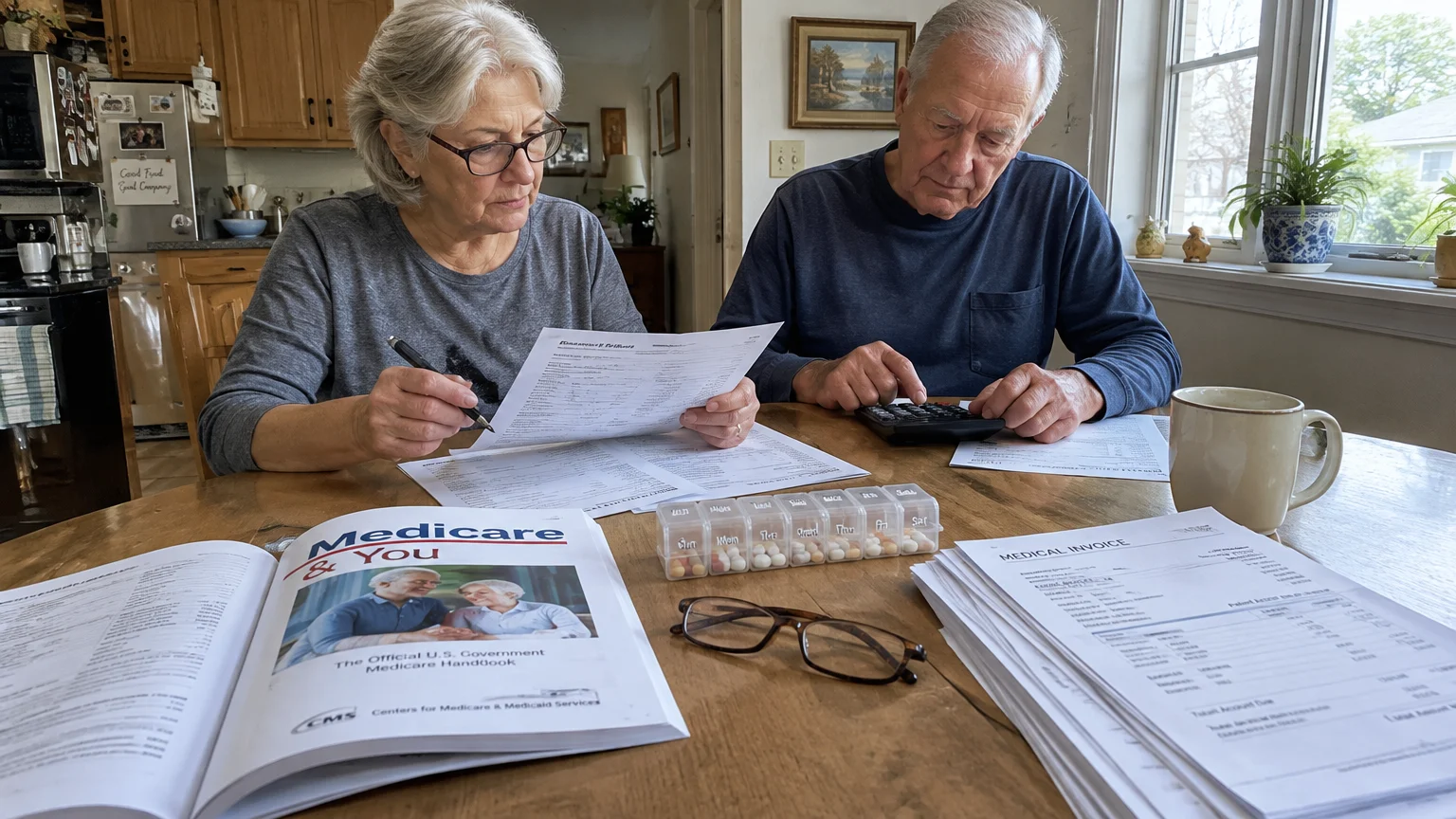 Senior couple sitting at a table reviewing medical invoices and a Medicare handbook with a calculator and pill organizer.