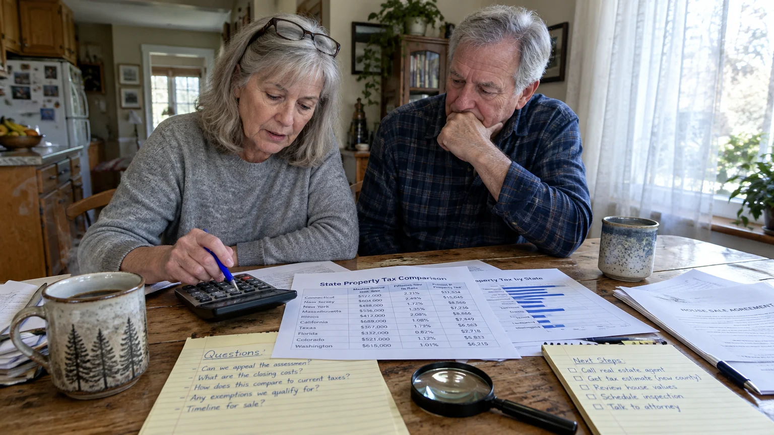 Older man and woman review property tax comparison charts, handwritten notes, and a calculator at a wooden table.