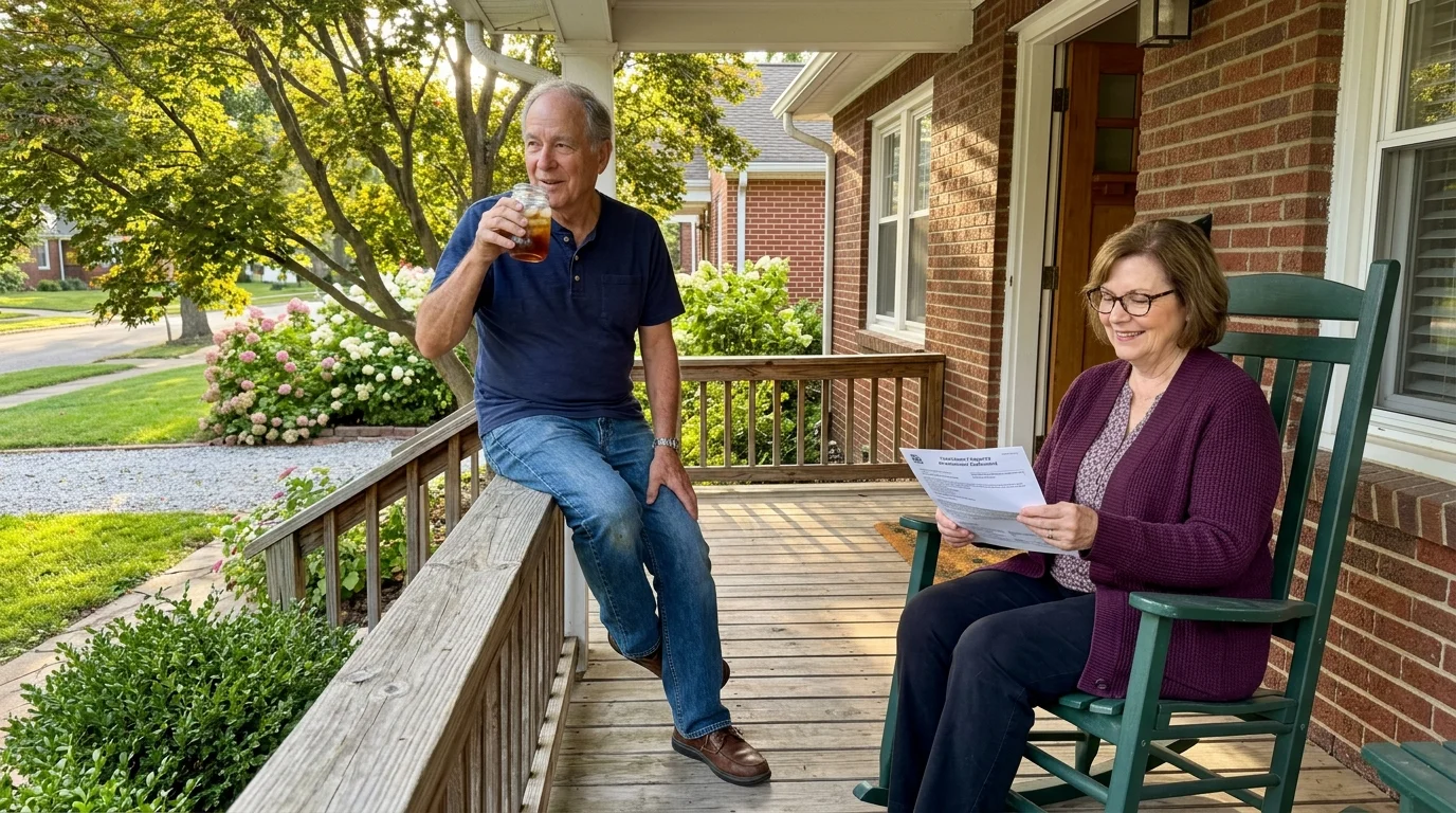 An older man drinks an iced beverage while a woman reads paperwork in a rocking chair on a brick house porch.