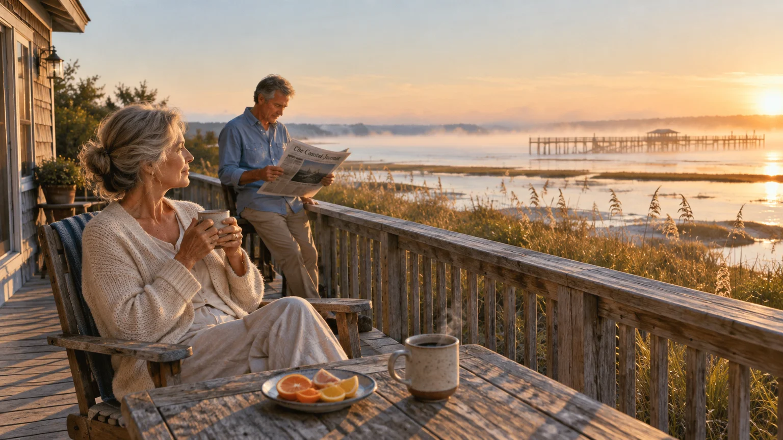 Older couple enjoying coffee and reading a newspaper on a wooden deck overlooking a coastal bay at sunrise.