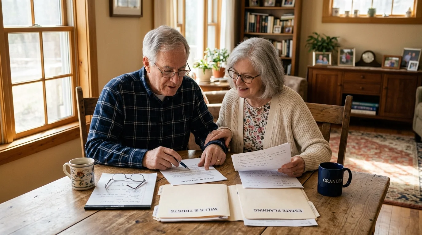 An older couple sits at a wooden table reviewing legal documents and estate planning folders together.