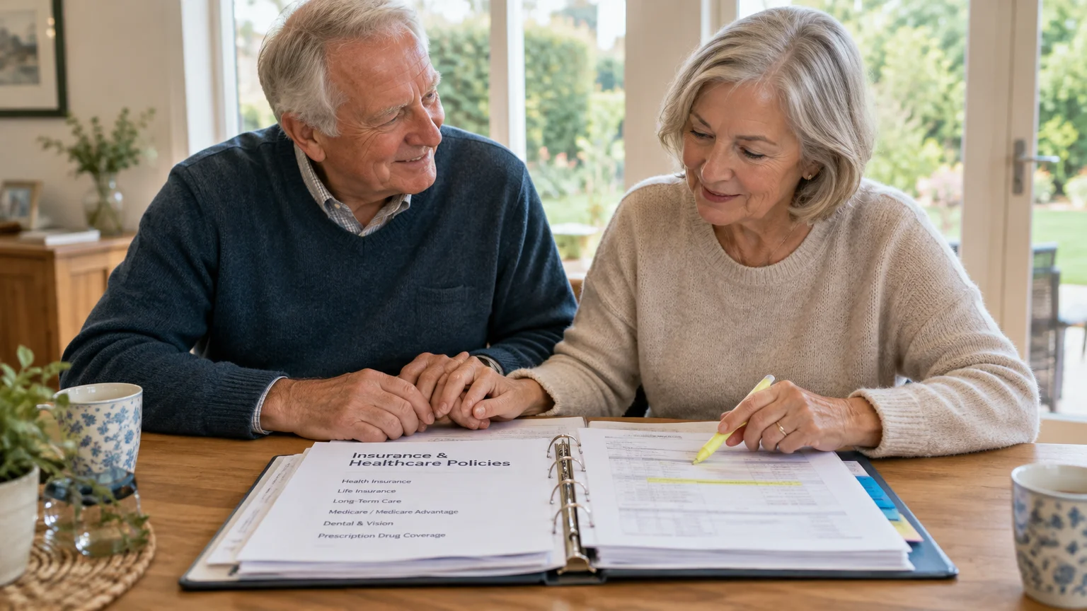 An older couple sits at a wooden table reviewing an open binder titled Insurance and Healthcare Policies.