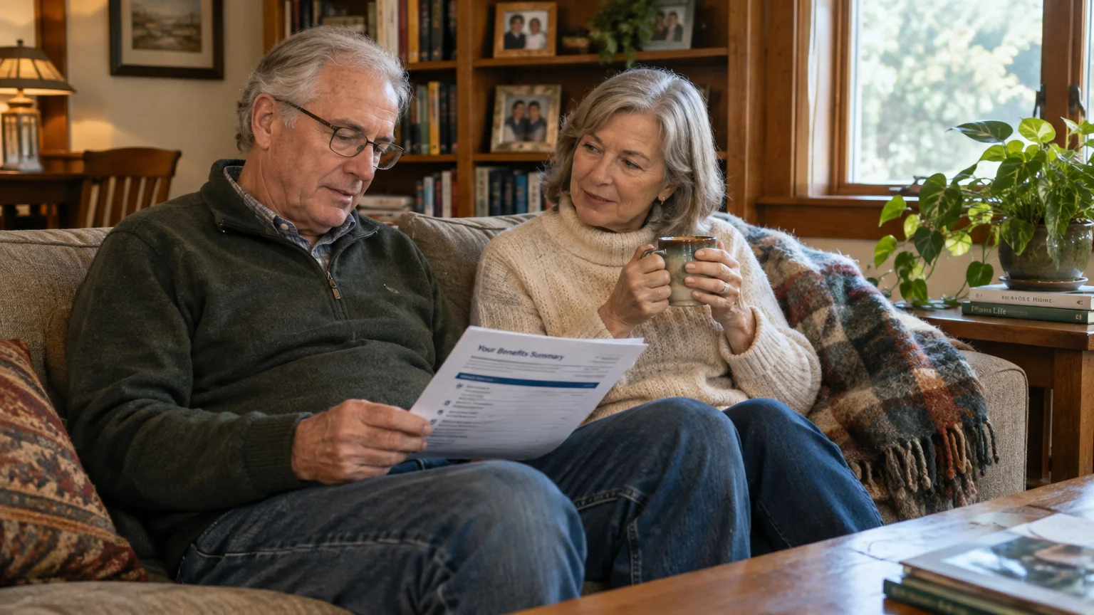 Older couple sitting on a living room couch while a man reviews a benefits summary document and a woman holds a mug.