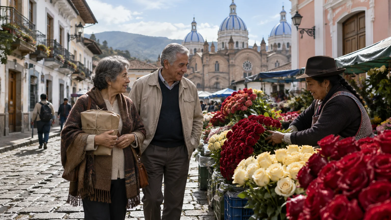 Older couple smiling while browsing vibrant outdoor flower stalls on a cobblestone street before a domed cathedral.
