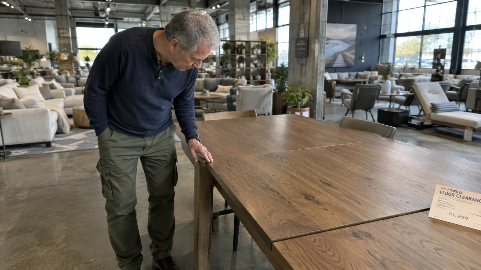 An older man in a blue shirt examines a large wooden dining table with a clearance price tag in a furniture store.