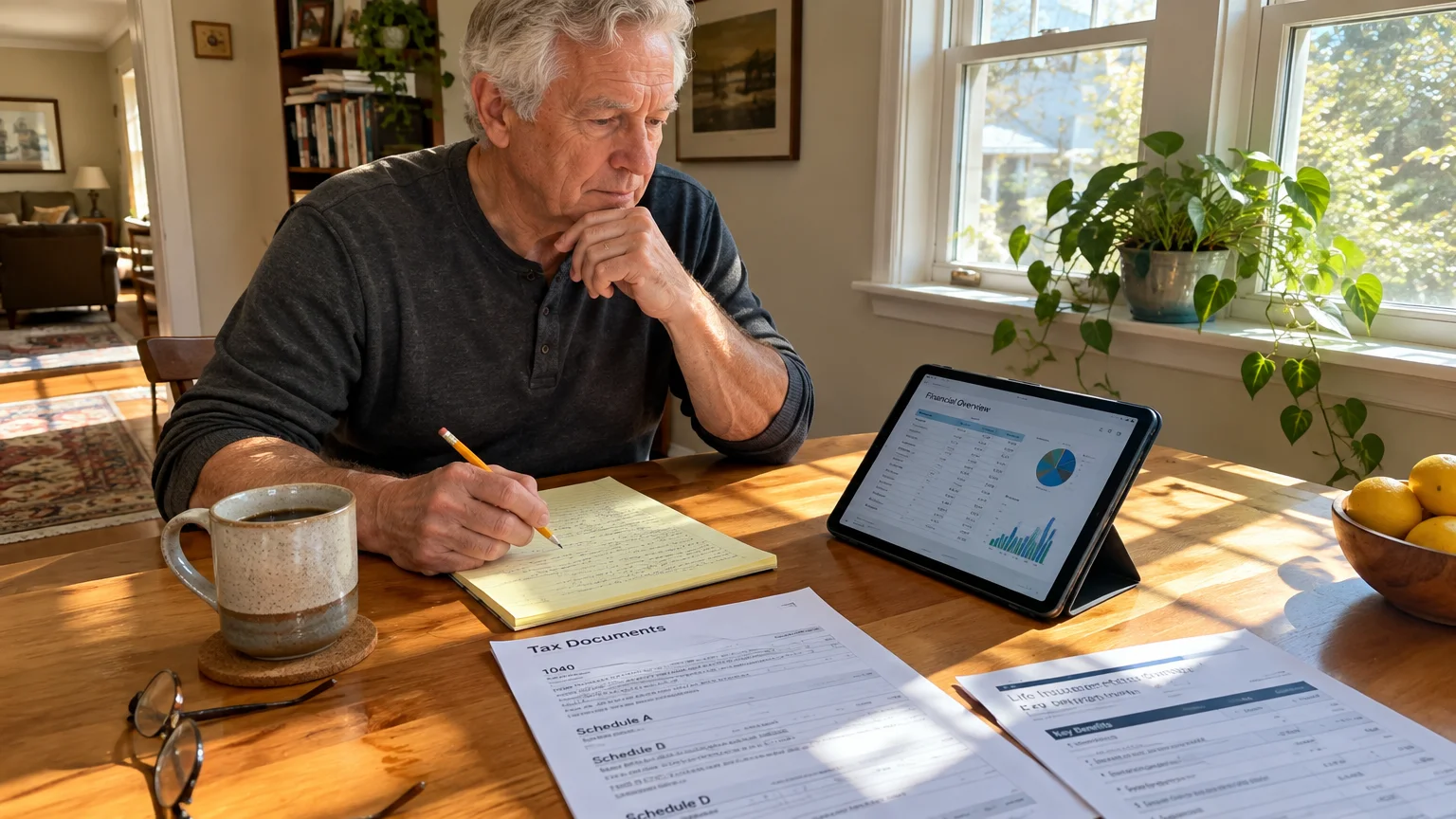 Senior man writing on a notepad at a table with tax papers, a coffee mug, and a tablet displaying financial charts.