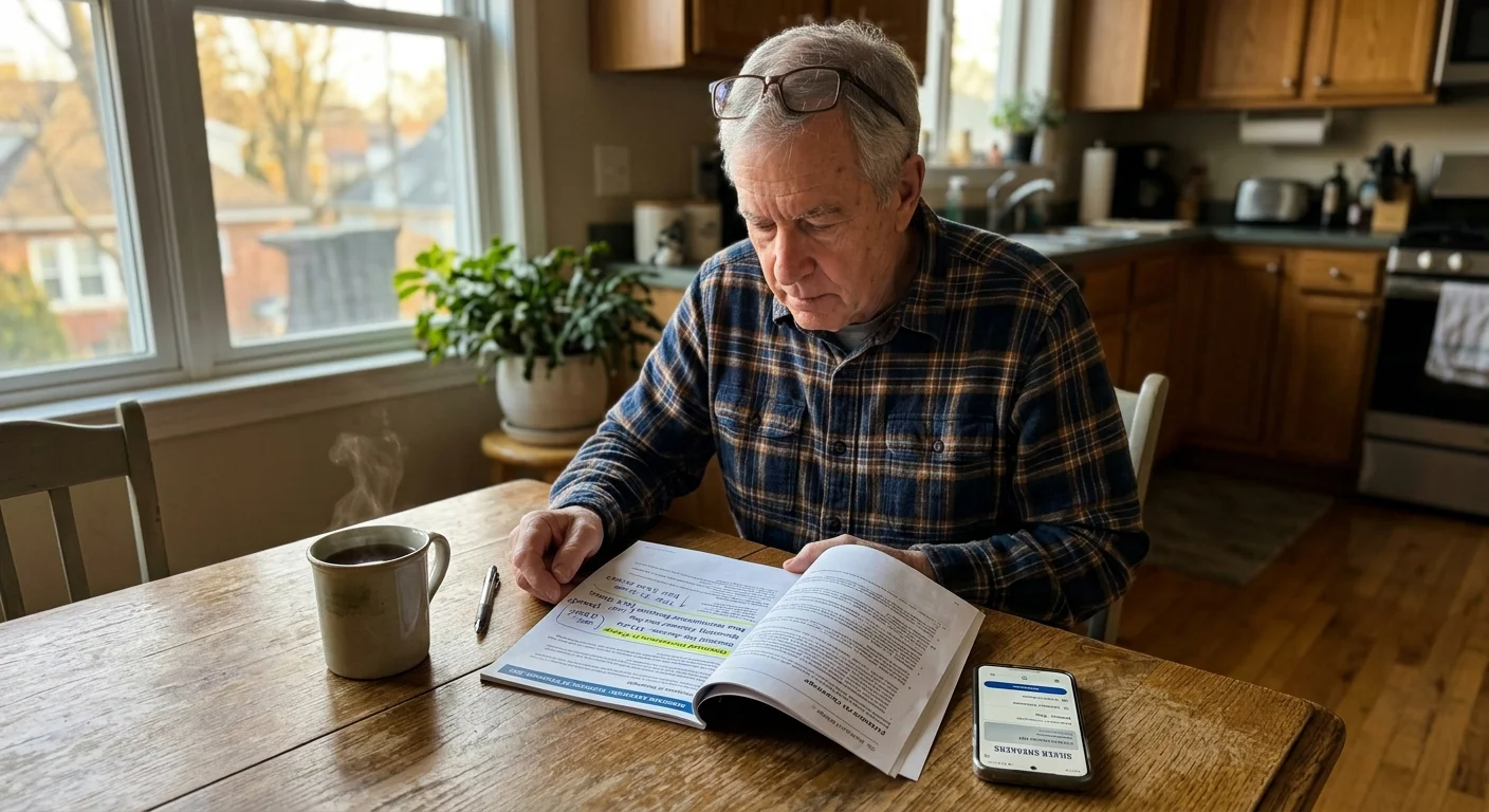 Senior man sitting at a kitchen table reading paperwork with glasses on his head, next to a mug and phone.