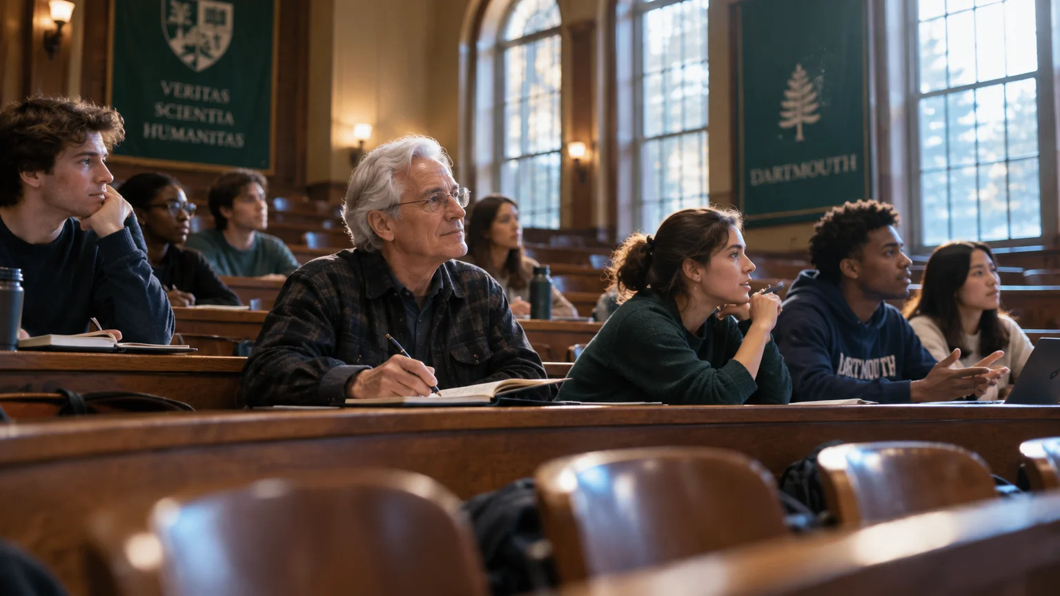 A senior man sits in a wooden lecture hall taking notes alongside younger university students.