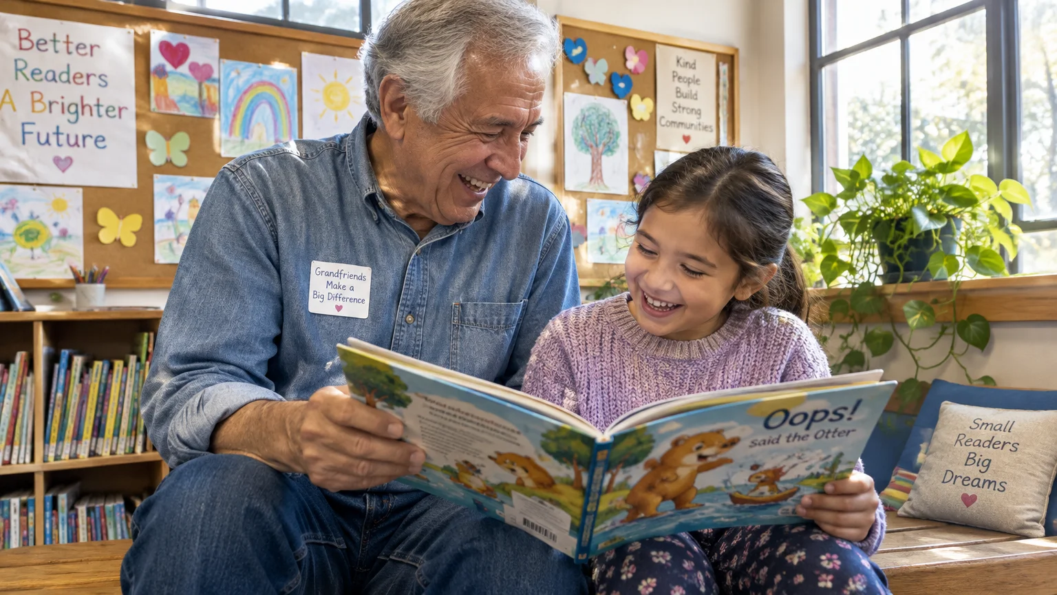 A smiling senior man and a young girl sit together reading an illustrated children's book in a classroom.