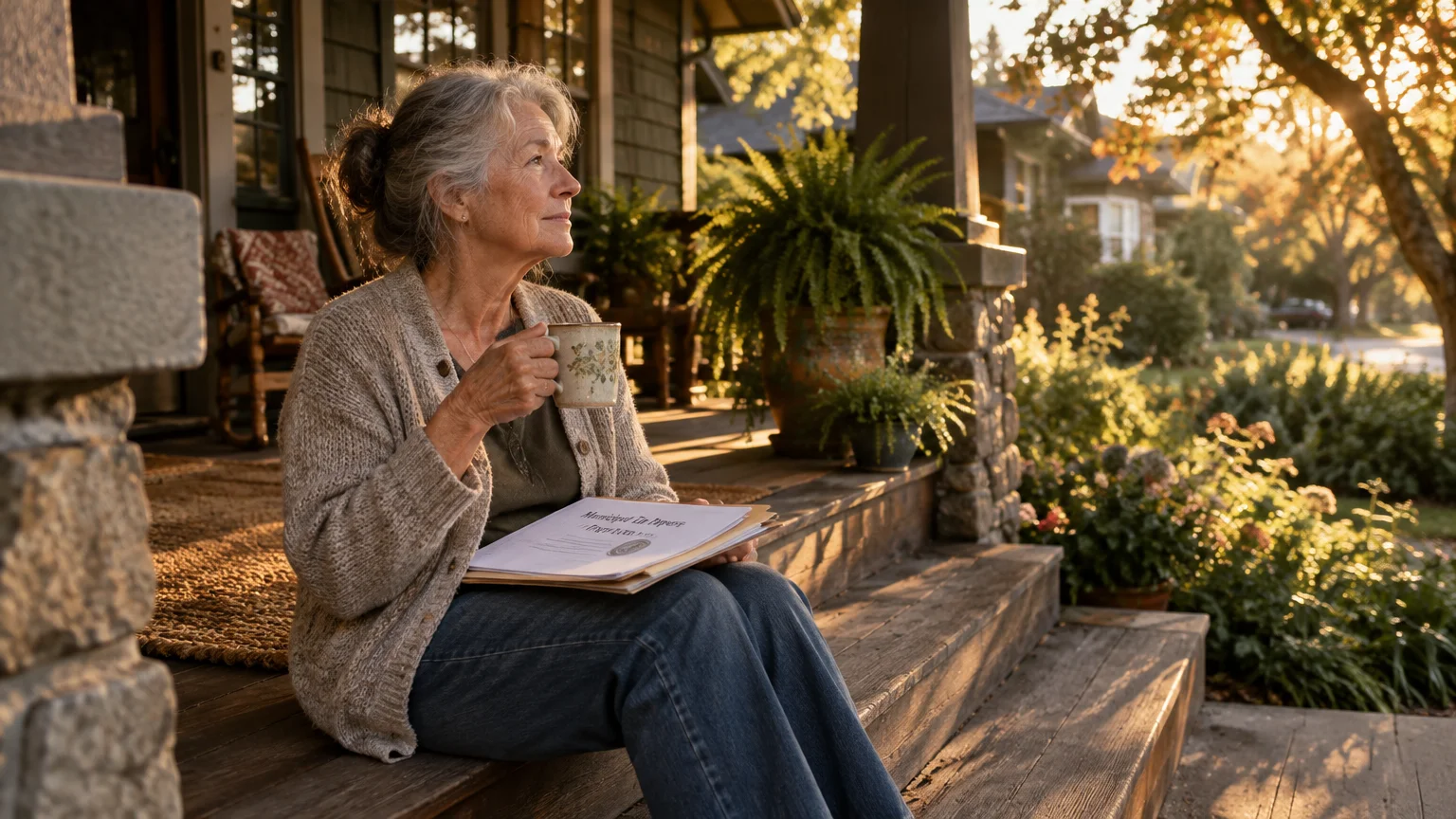 Senior woman holding a mug sitting on porch steps with paperwork on her lap in warm evening sunlight.