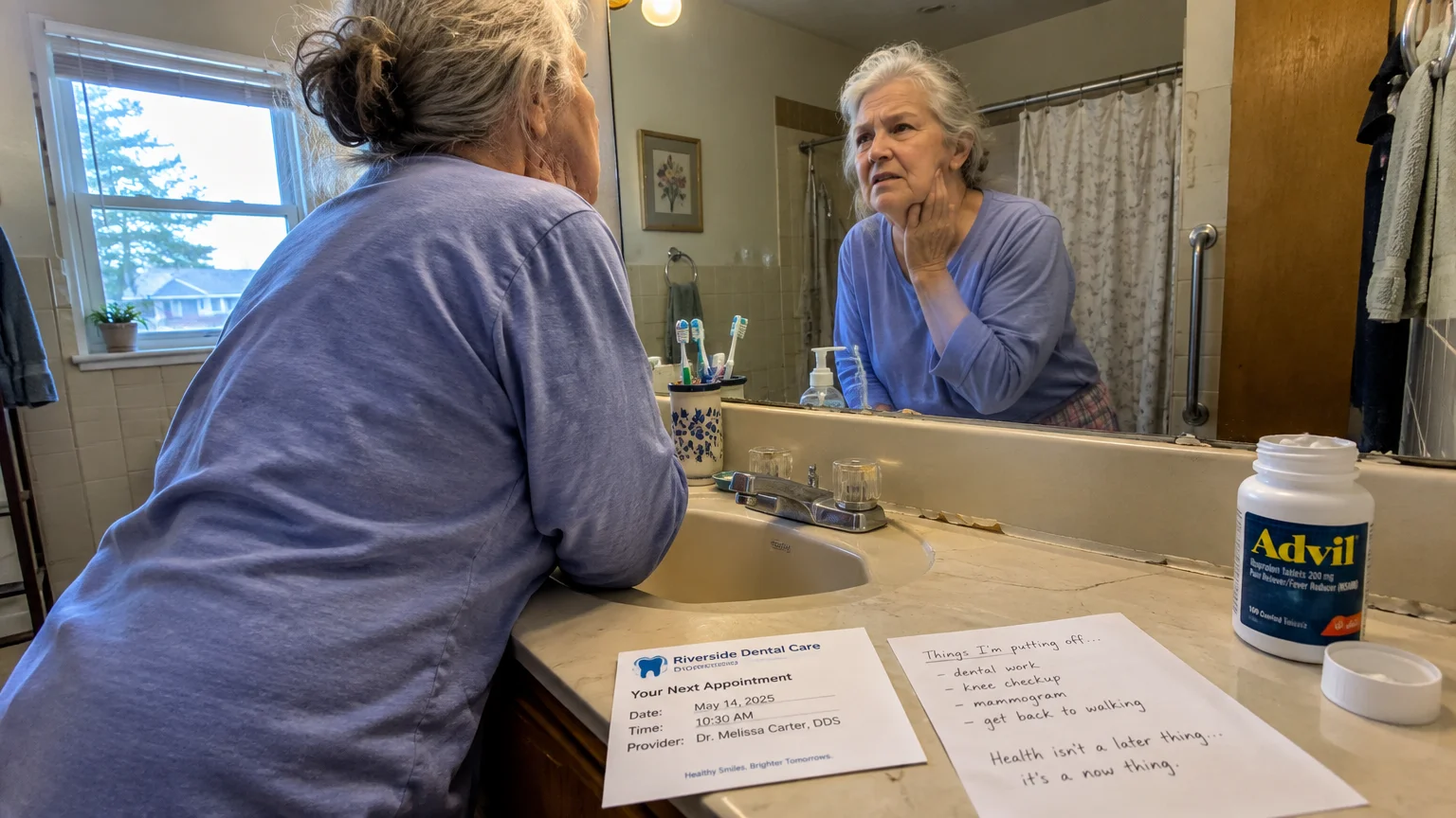 An older woman touches her jaw in a bathroom mirror near a dental appointment card, Advil, and a handwritten note.