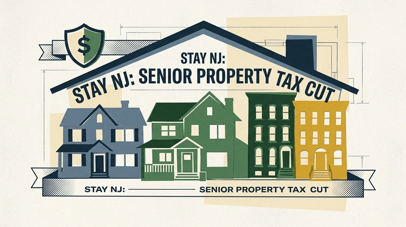 Illustration of four colorful houses framed inside the outline of a large roof, reading Stay NJ: Senior Property Tax Cut.