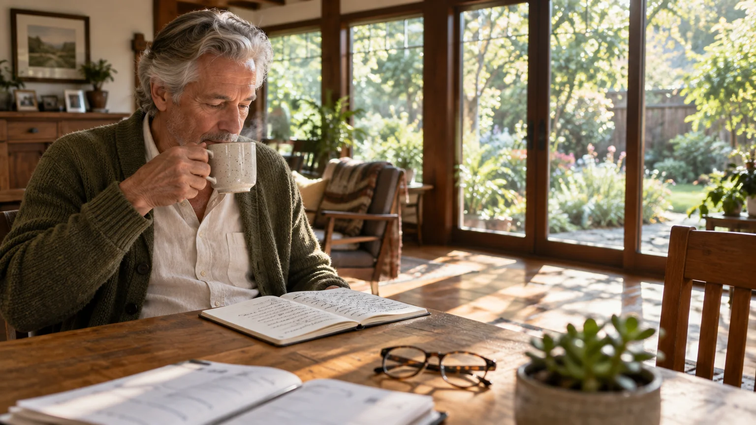 A mature man with gray hair sips coffee while reading an open notebook at a sunlit wooden table.