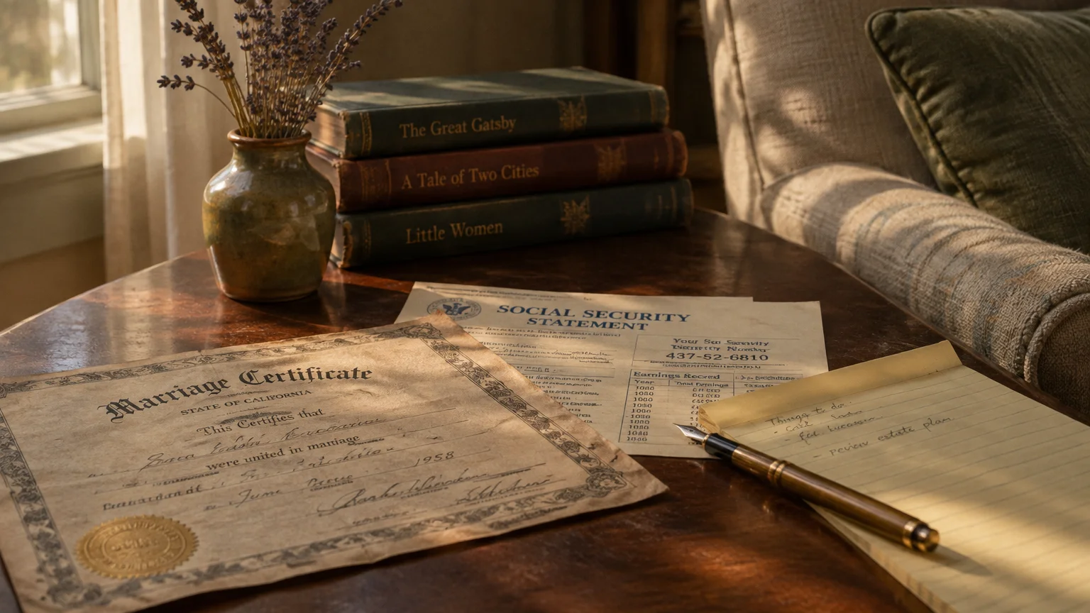 A marriage certificate, Social Security statement, notepad, and pen resting on a wooden table beside classic books and flowers.