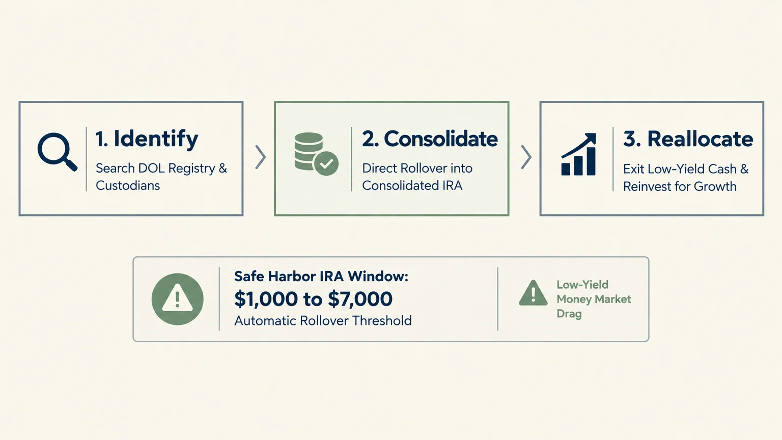 Flowchart showing three steps—Identify, Consolidate, Reallocate—above a Safe Harbor IRA window warning box.