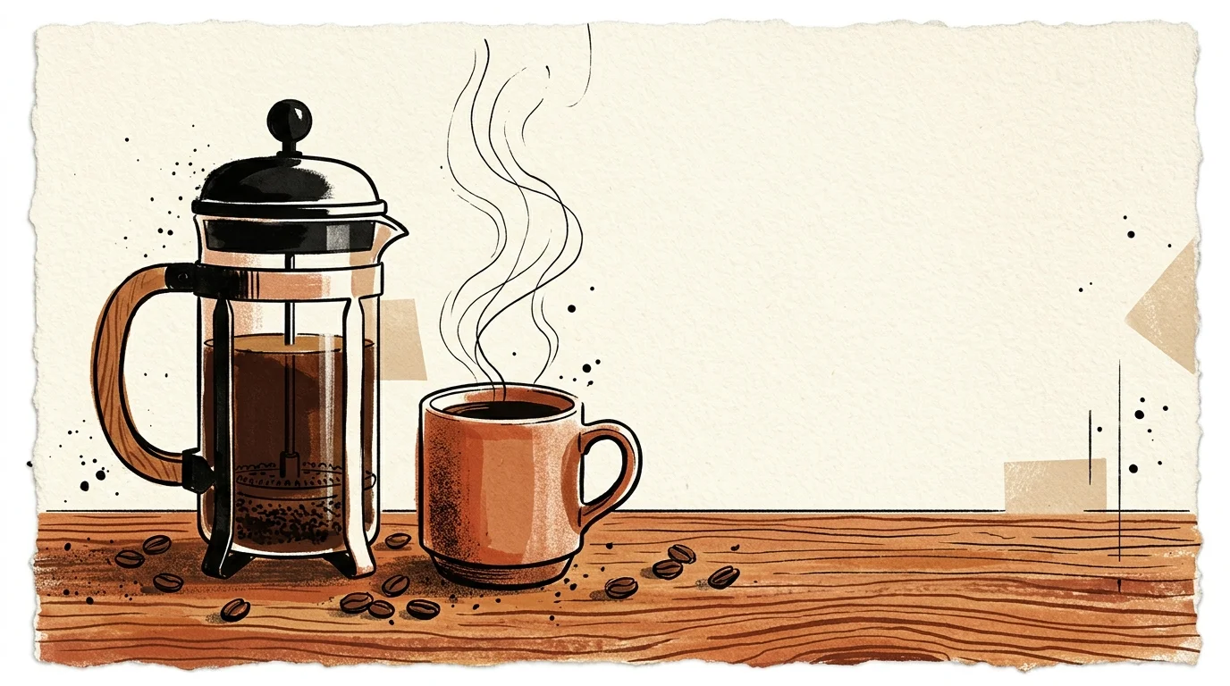 Illustration of a glass French press, a steaming mug of coffee, and scattered coffee beans on a wooden tabletop.