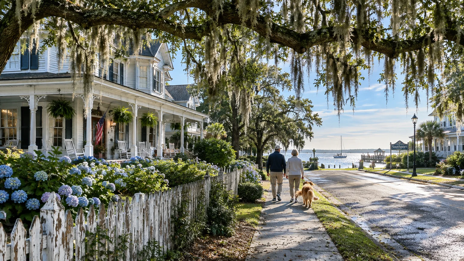 Couple walking a dog down a sidewalk beside a white Victorian home and oak trees toward a sunny coastal harbor in Southport.