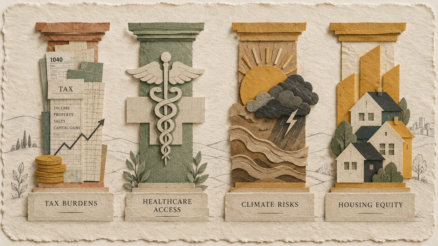 Paper craft illustration of four architectural pillars labeled Tax Burdens, Healthcare Access, Climate Risks, Housing Equity.