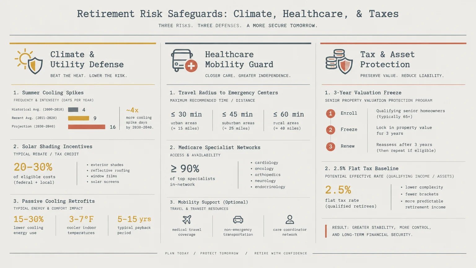 Infographic detailing retirement risk safeguards across climate defense, healthcare mobility, and tax or asset protection.