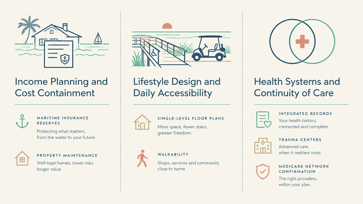 Infographic with three columns detailing income planning, lifestyle accessibility, and healthcare continuity pillars.